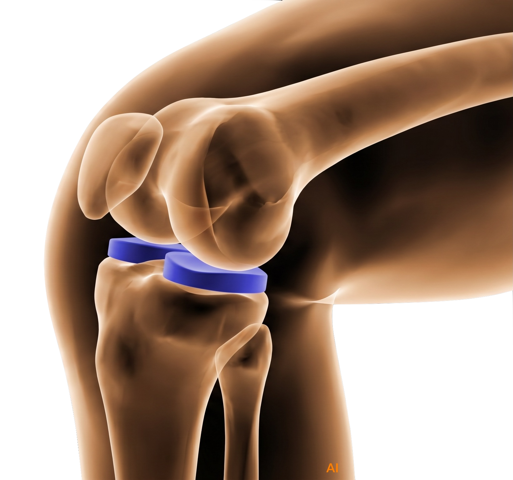Anatomical rendering of a knee with two spacer discs in the joint gap