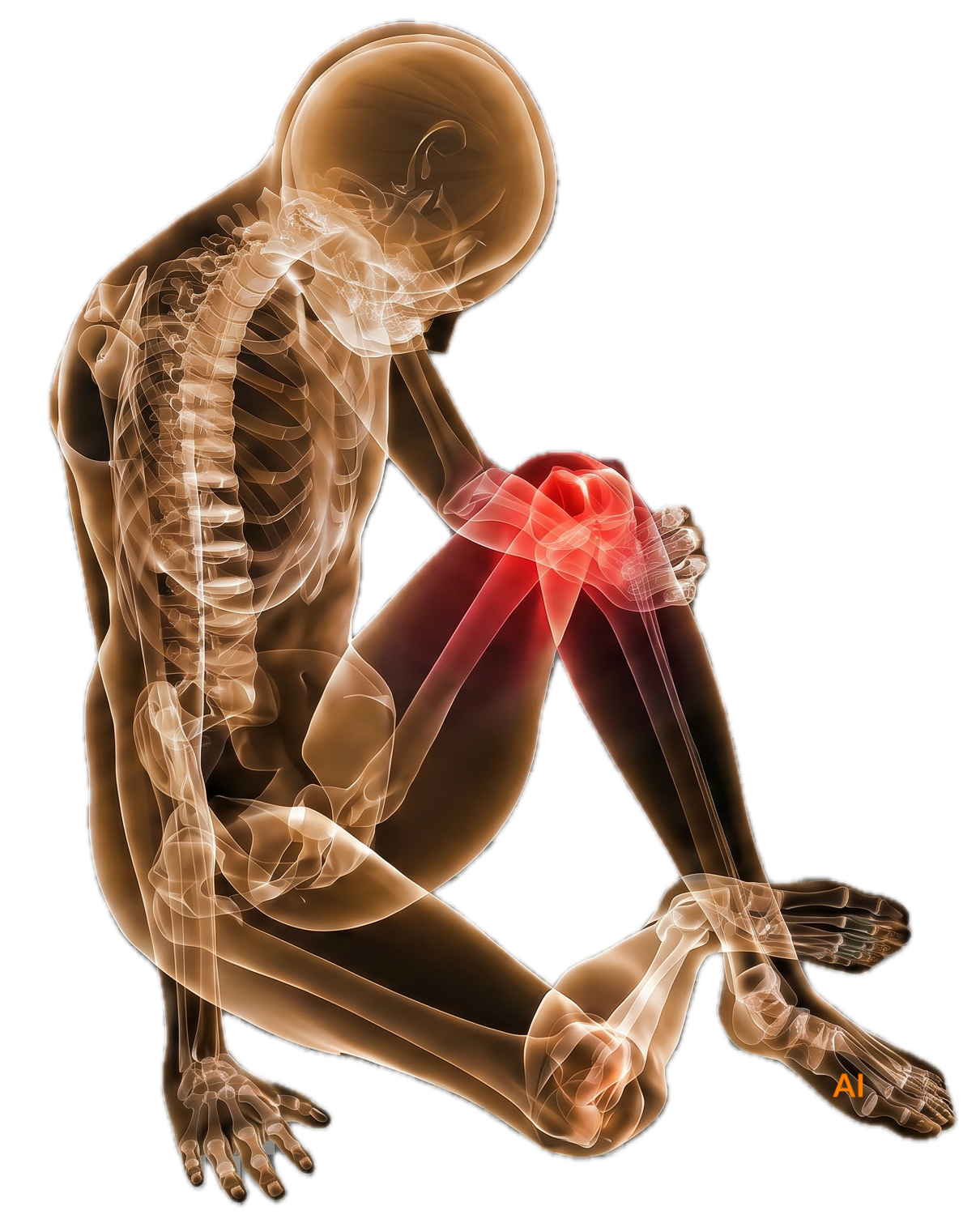 Anatomical illustration of a person experiencing knee pain