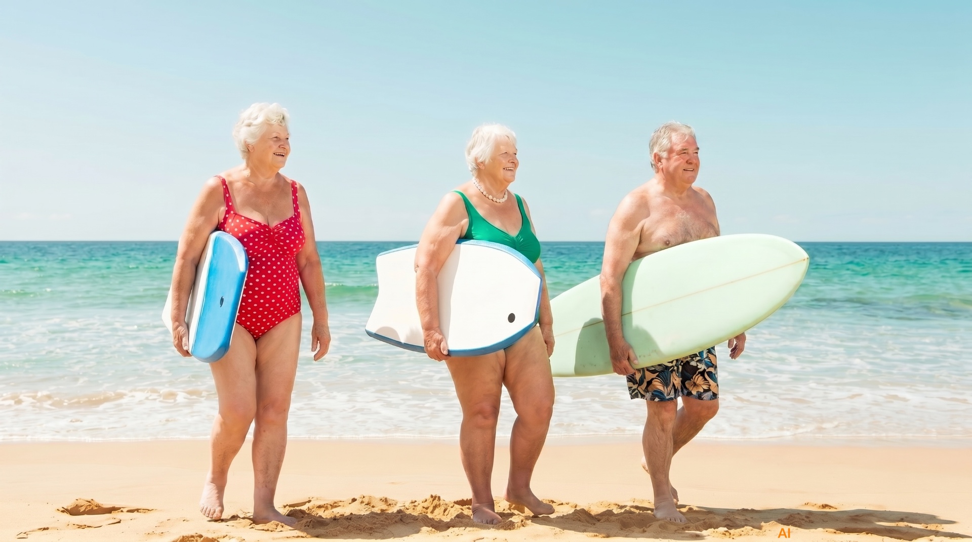 Three older adults walking along a beach with surfboards