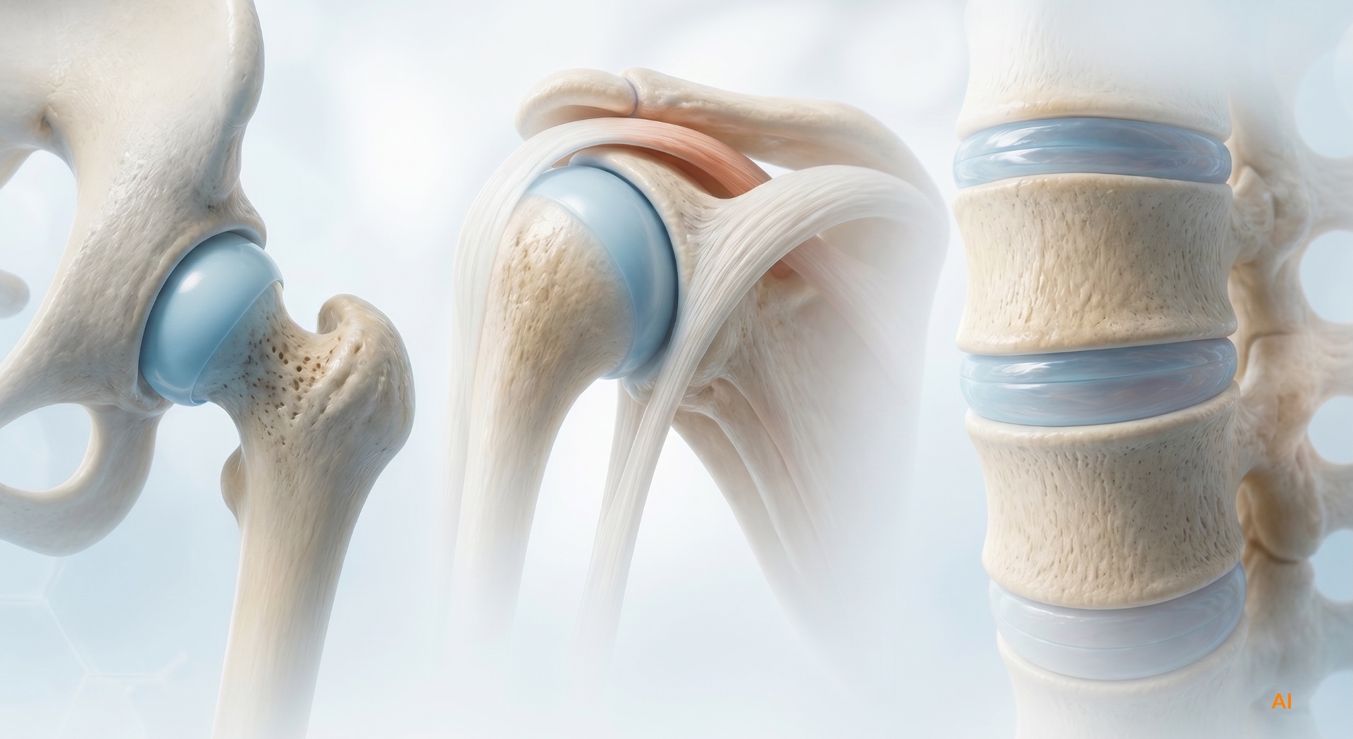 Anatomical renderings of hip, shoulder and spine joints